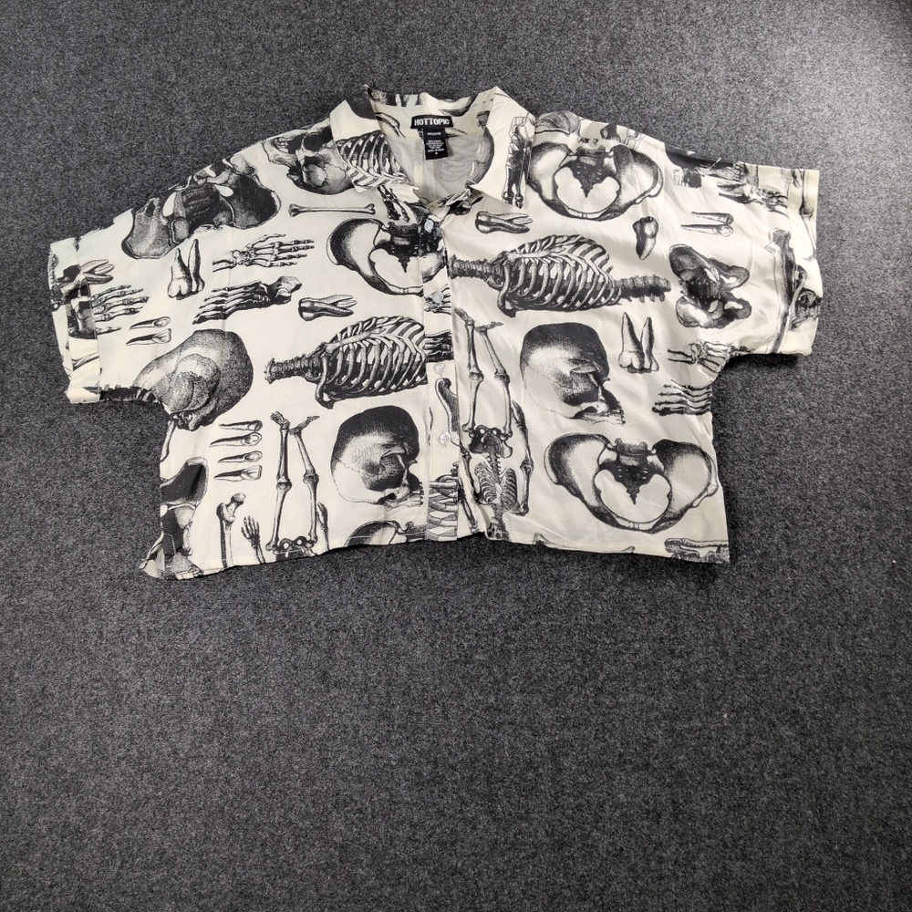 Anatomical Skeleton Sepia Boxy Girls Crop Button-Up - Picture 2 of 8